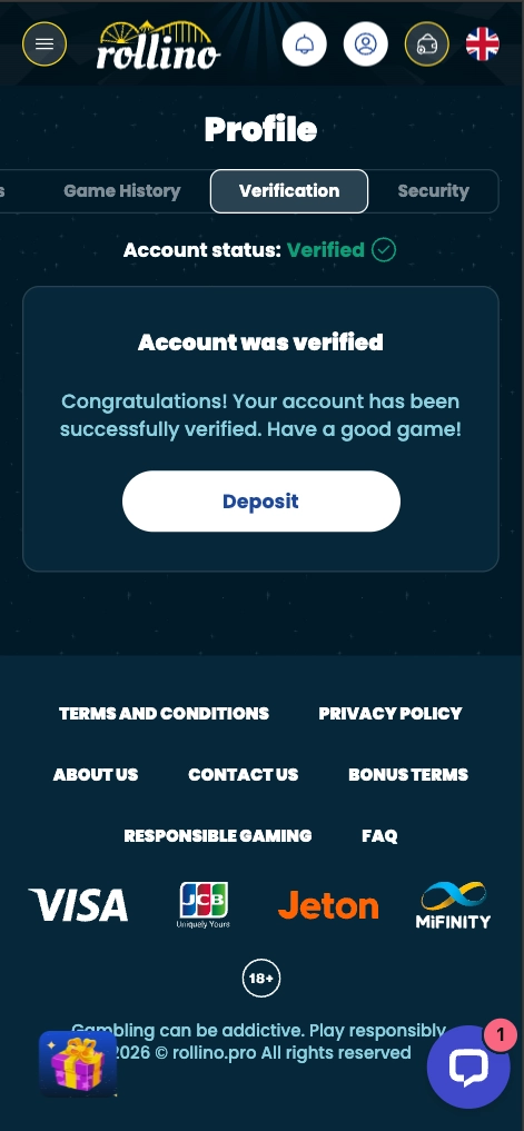 rollino casino mobile account verification screen