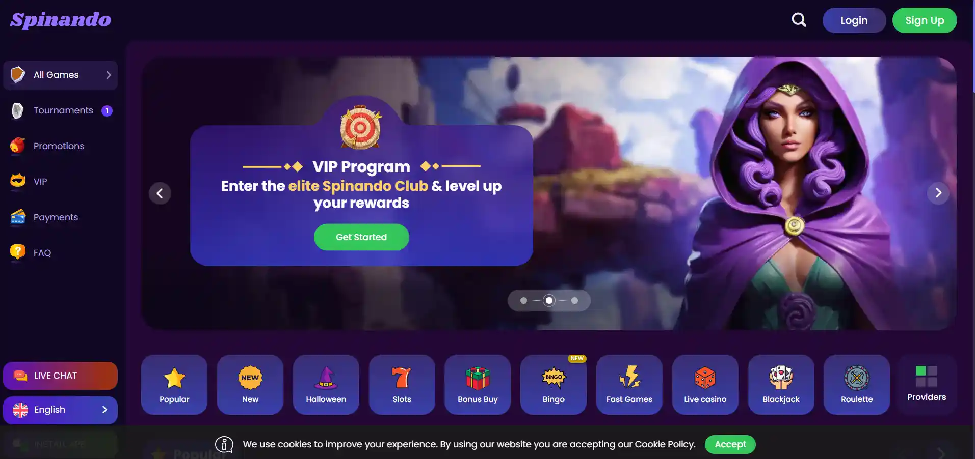 The image shows a character with Spinando's VIP details and menu options on a dark background.