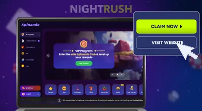 A laptop shows Spinando casino with a claim now visit website button on a starry background.