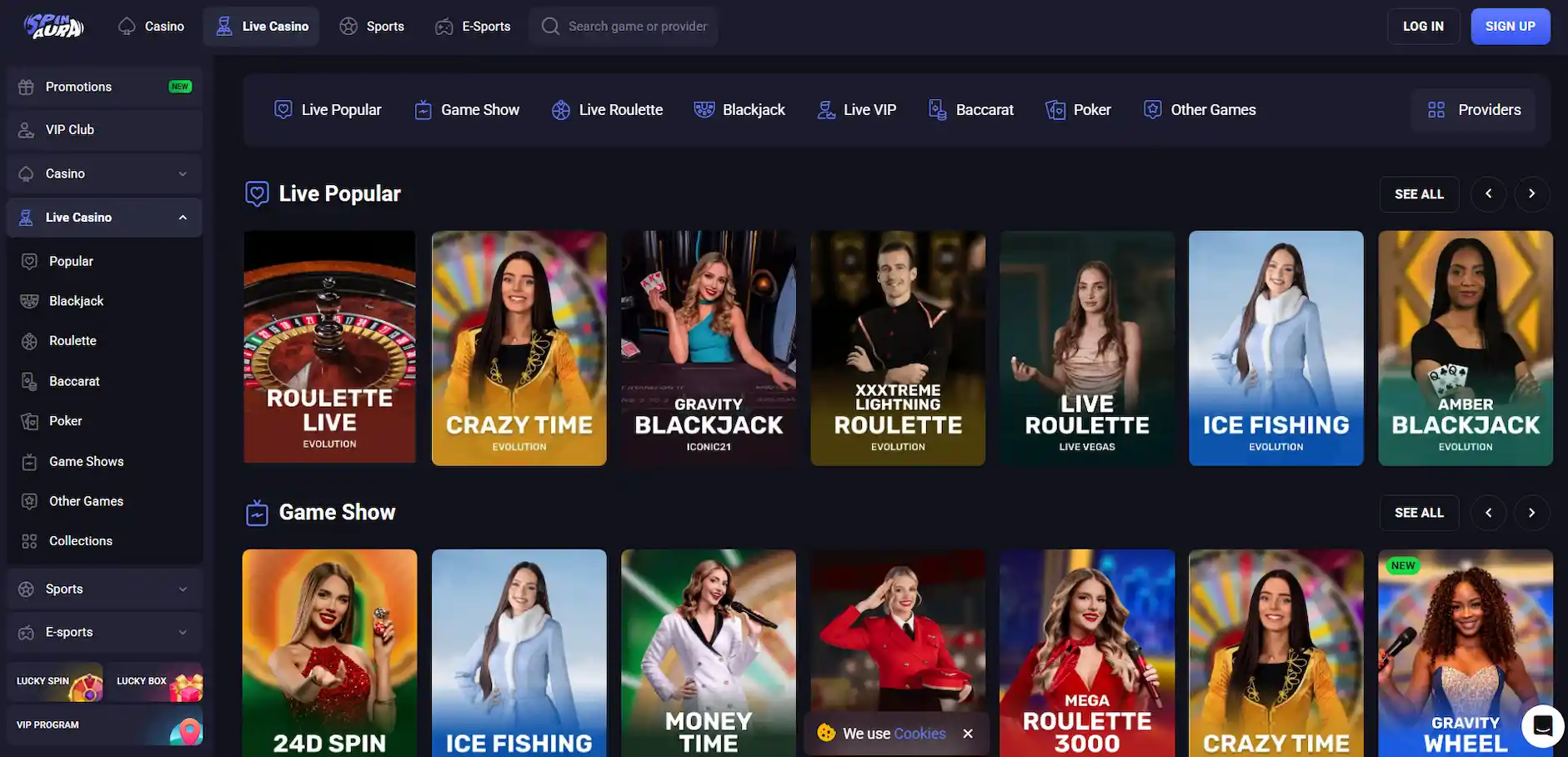 SpinAura live dealer games page