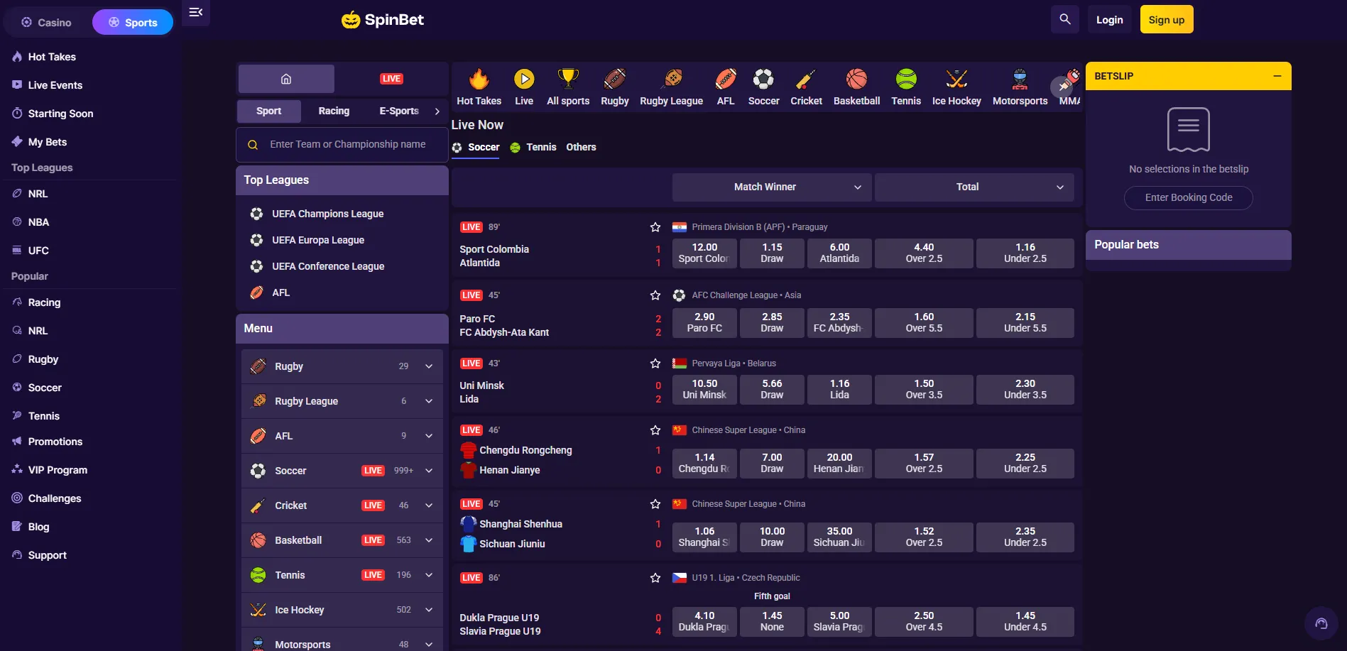 SpinBet Casino sports betting page