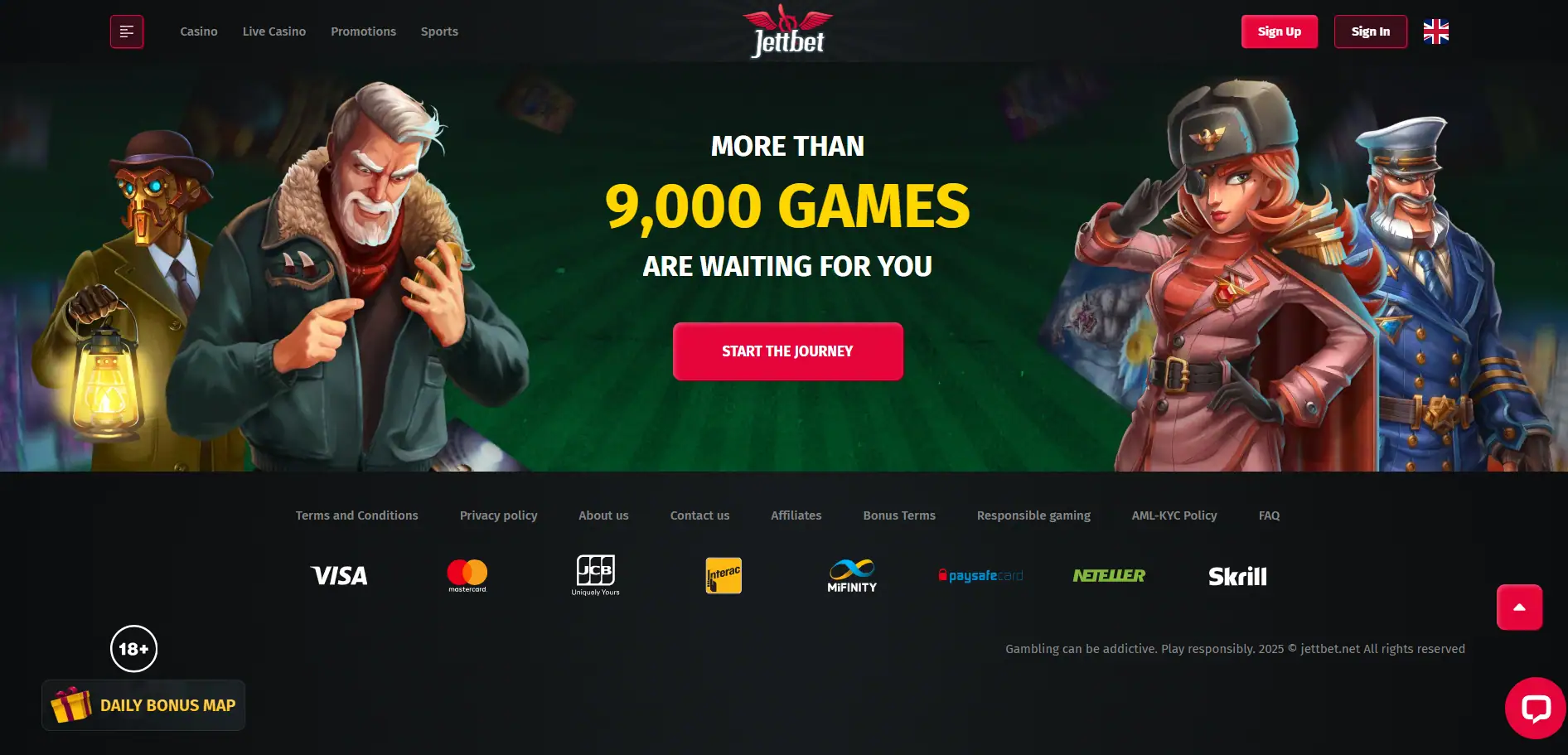 Jettbet Casino’s homepage is showing a banner with illustrated characters; a title reads More than 9,000 games are waiting for you; start the journey button against a black background.