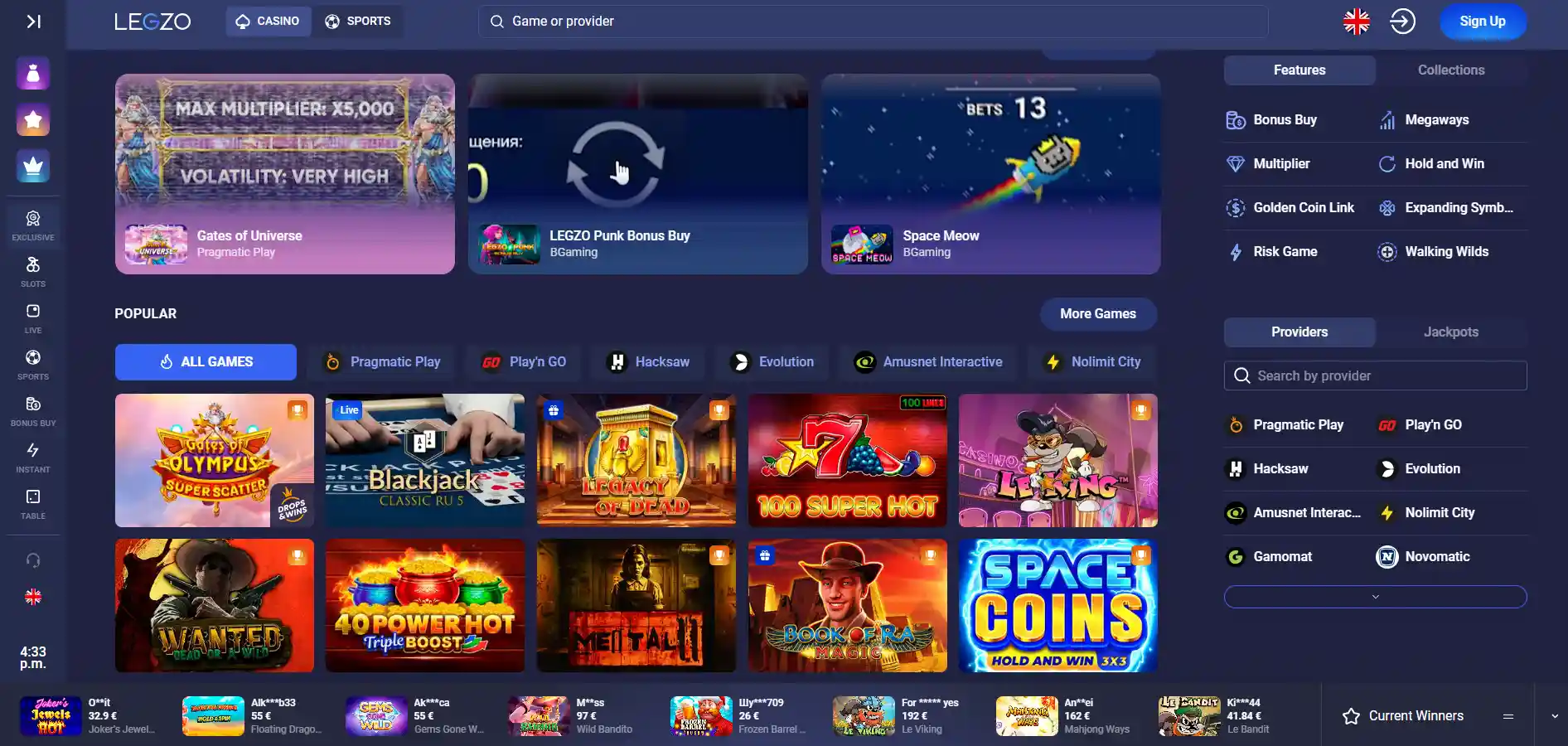 Legzo Casino's main page with selcted games, filters, and a menu against a blue background.