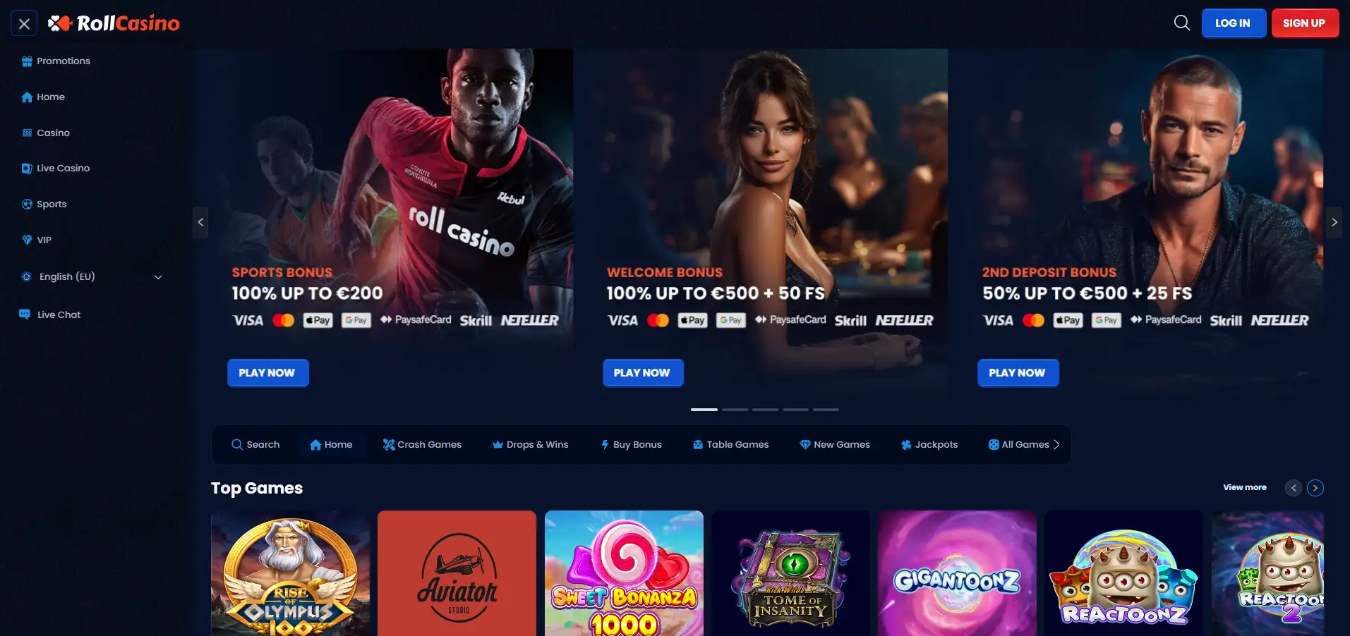 Rollcasino's main page with bonus offers, menu and selected top games on a black background.