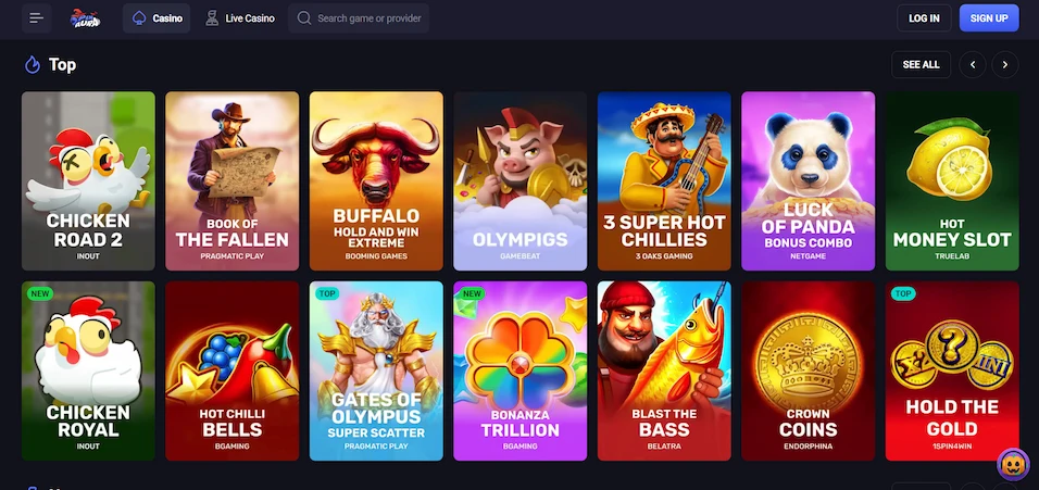 SpinAura's main page with selected top games, filters, and menu against a dark background.