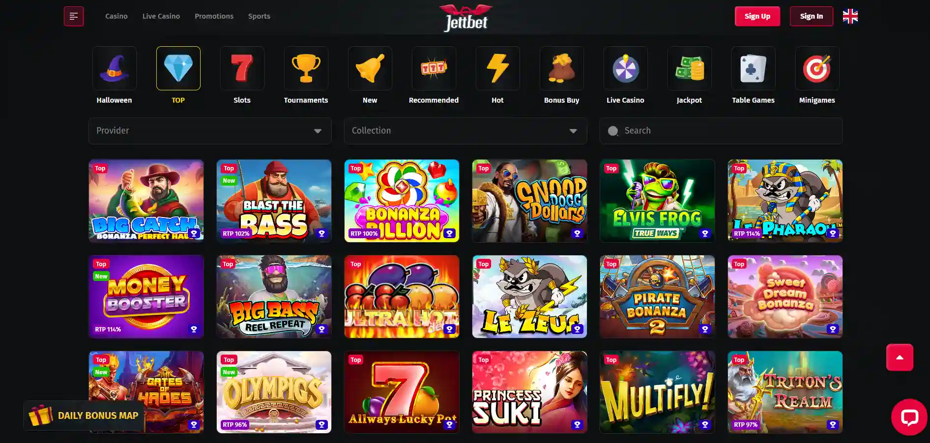 Jettbet Casino’s game library is showing filtering options such as top, slots, tournaments, and new, with selected games against a black background.