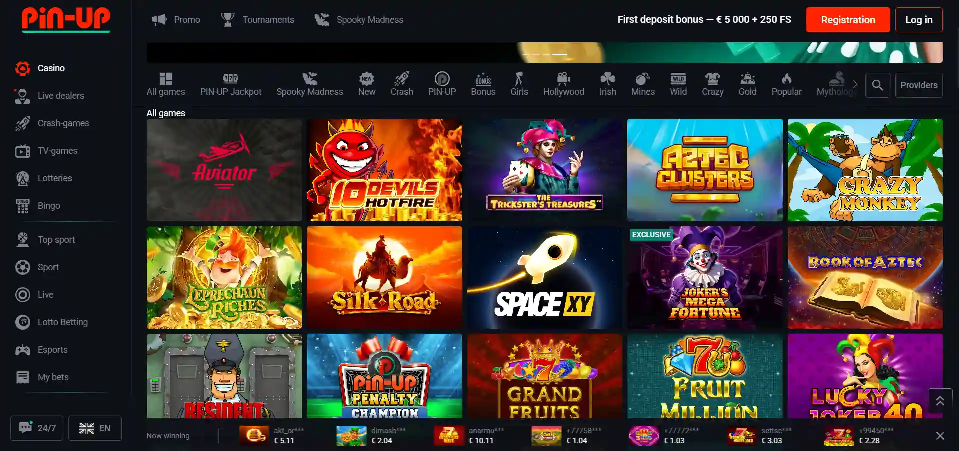 Pin-Up Casino’s library is showing selected games, filtering and a menu against a black background.
