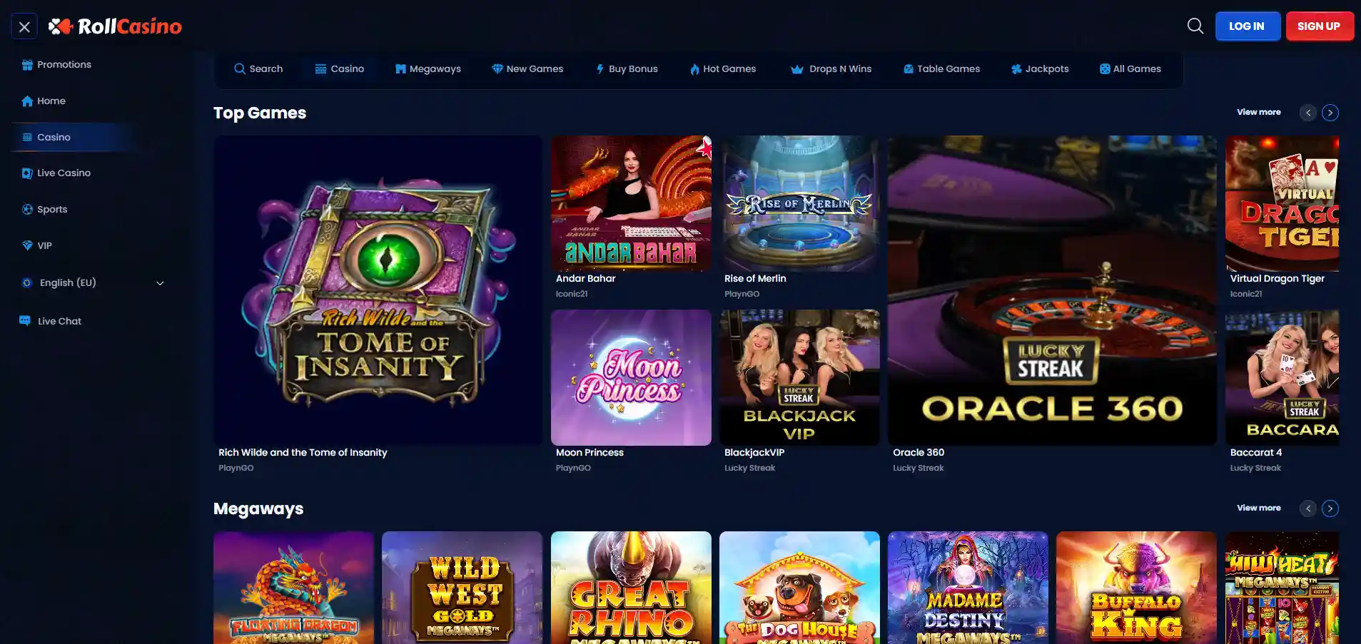 Rollcasino's games page with a menu, filters, and selected top games on a black background.