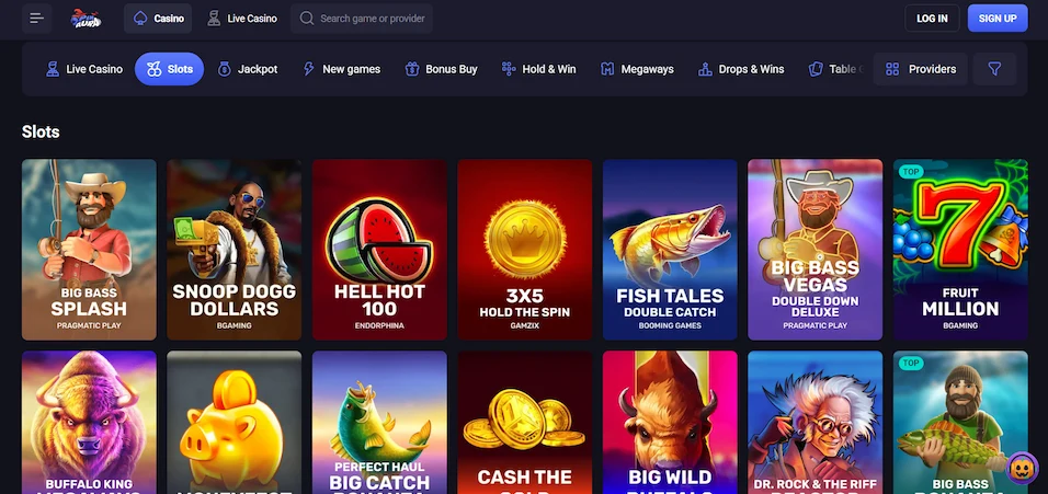 SpinAura's game page with selected slots, filters, and menu against a dark background.