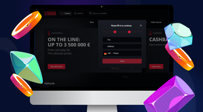 Laptop showing Starda casino with a pop up for phone number.