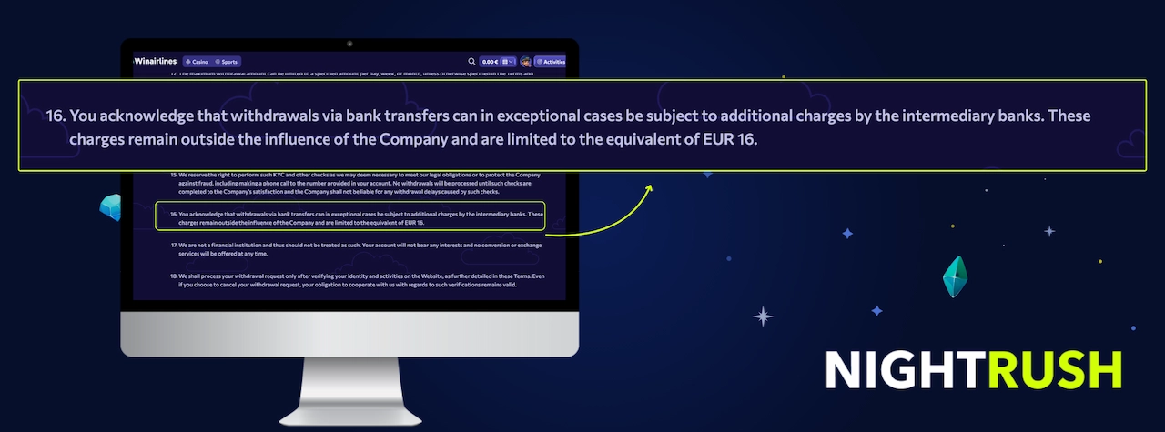 Monitor showing Winairlines terms regarding bank transfer fees up to the equivalent of EUR 16.