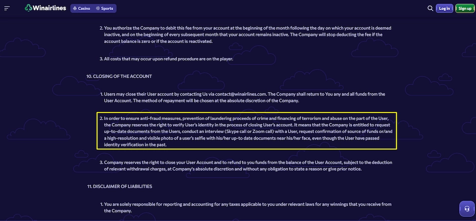 Screenshot of Winairlines Casino Terms and Conditions section.
