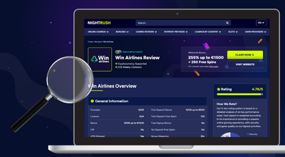Laptop showing Nightrush's Winairlines casino review page.