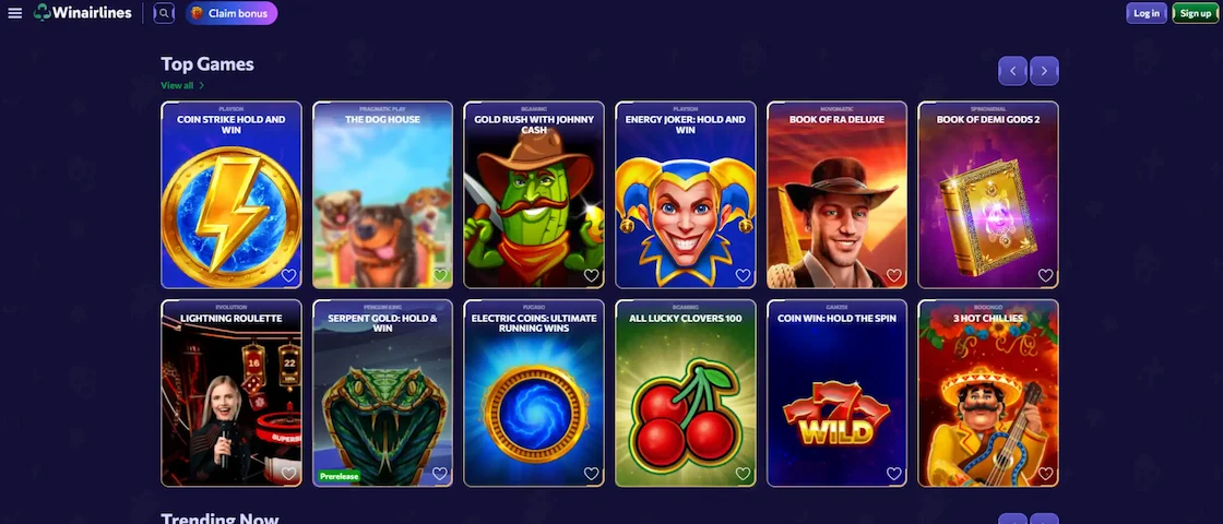 Image showcasing Winairlines Casino game selection screen.
