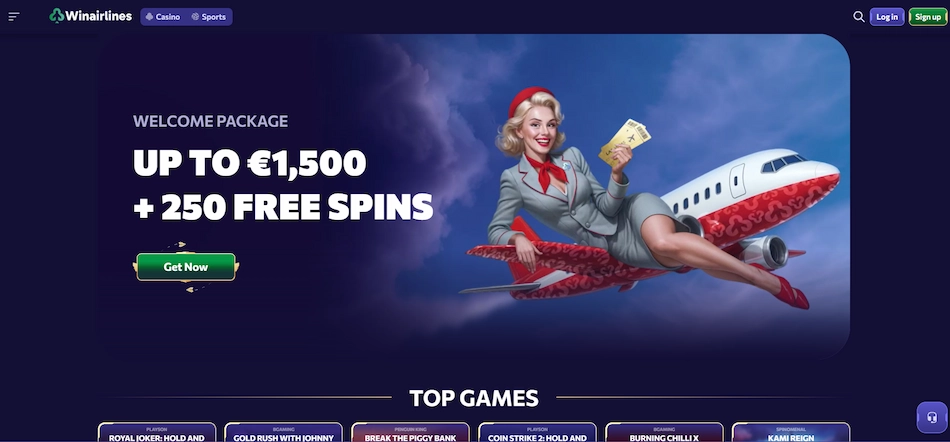 Winairlines casino landing page that shows welcome bonus within a blue background with clouds.