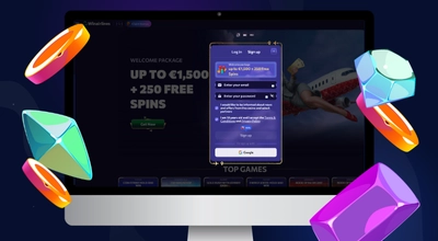 Casino welcome screen with bonus offer and floating gems.