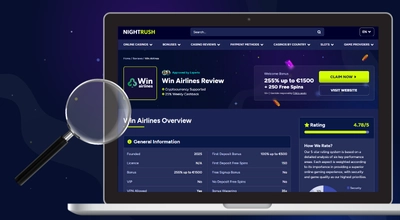 WinAirlines review page on laptop with rating and magnifier.