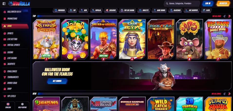 Winrolla Casino homepage with slot games
