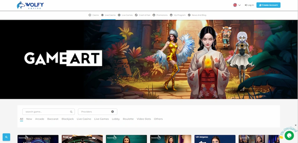 Wolfy Casino live casino page.