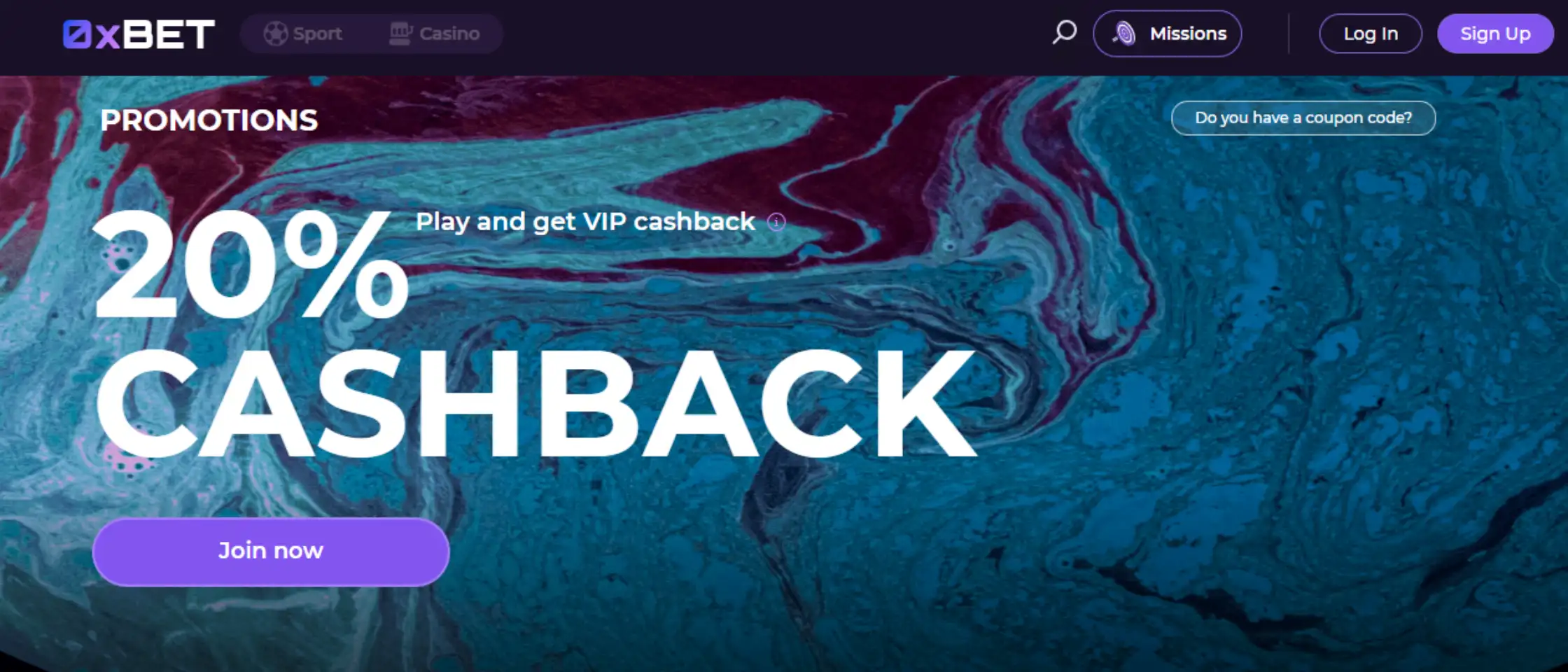 Screenshot van de 0xBet app interface