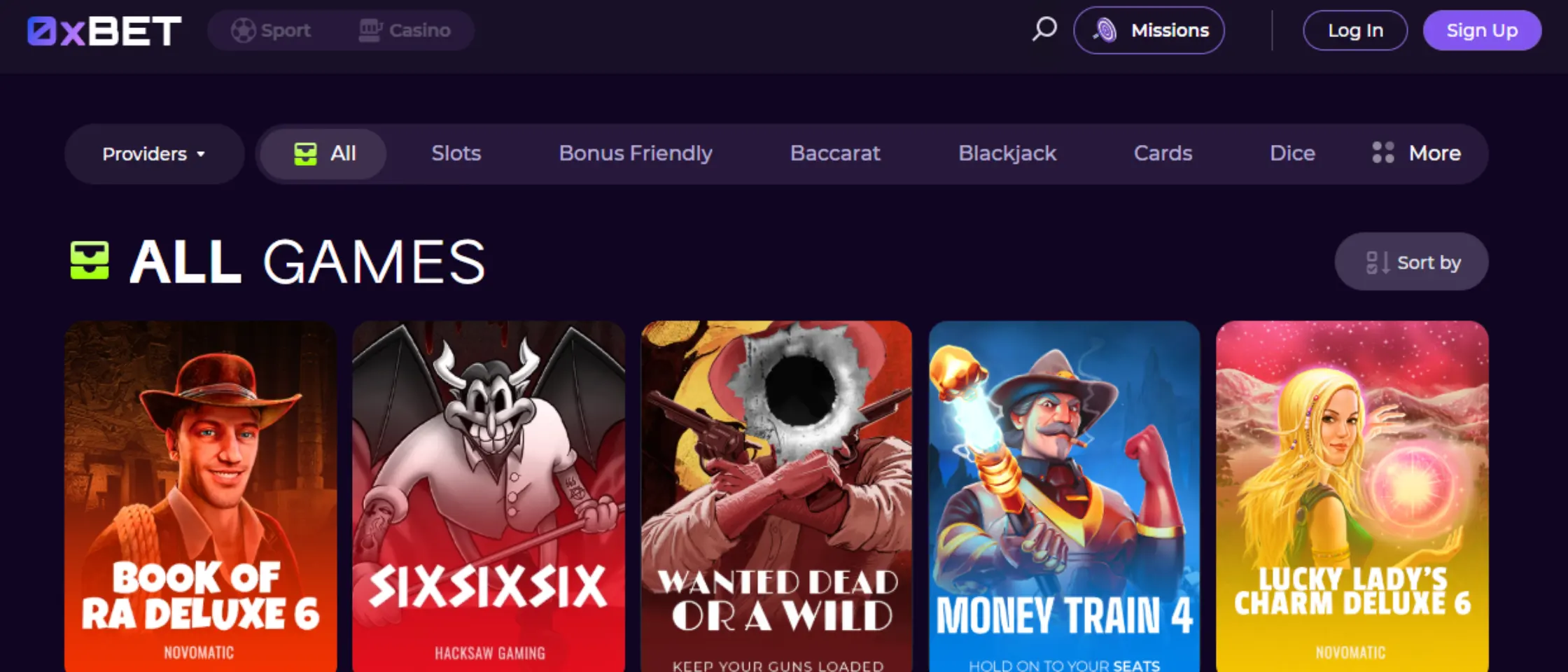 Schermafbeelding van de 0xBet website interface