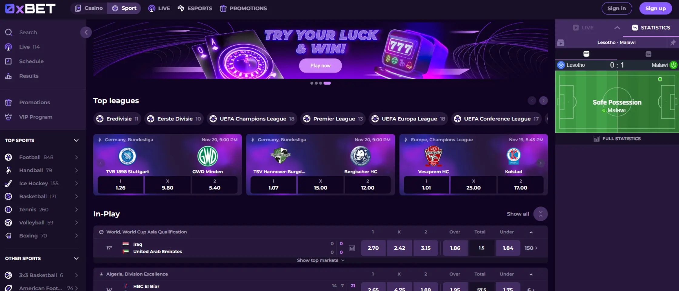 Screenshot van de 0xBet app interface