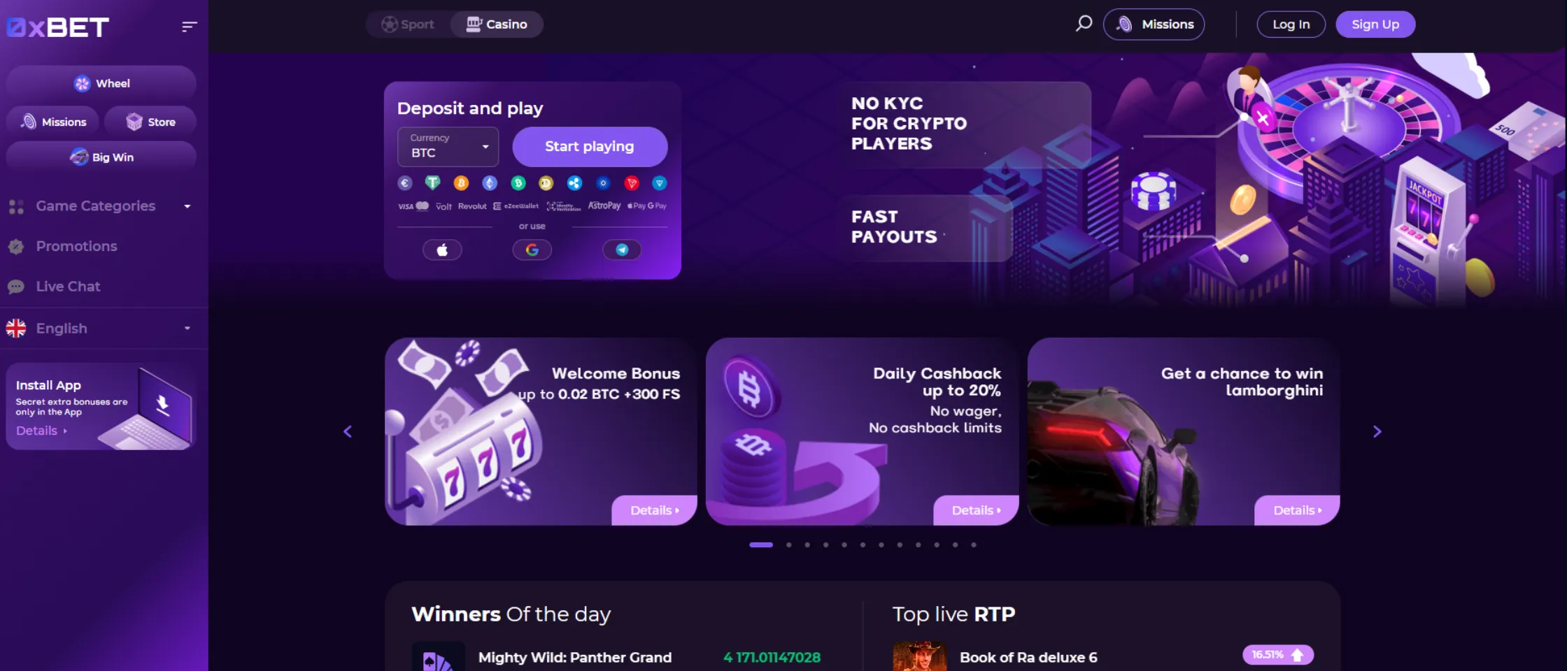 0xBet Casino Interface