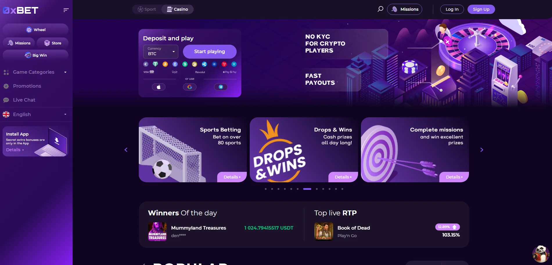 0xBet Casino homepage screen