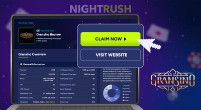 A laptop shows Nightrush’s Gransino page with a claim now button, cursor and brand logo.