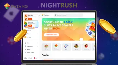 Patang Casino on a laptop with two golden coins and the Patang logo on a blue background.