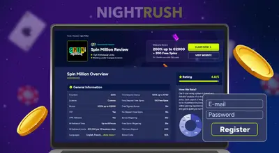 Nightrush is on a laptop with two golden chips and a register button on a starry setting.
