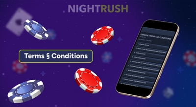 A phone with Betwarts' terms and a terms button and casino chips on a starry background.