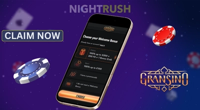 A phone shows Gransino's welcome bonuses with a claim now button, two chips and a brand logo.