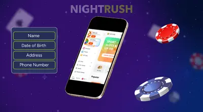 Patang Casino on a phone with two chips and a register details button on a blue background.