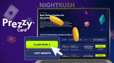 Prezzy Card logo and casino list on a laptop with a claim button and coins on a starry background.
