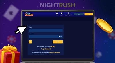 A laptop shows Bet Buffoon with a chip, a gift box and a cursor against a starry background.