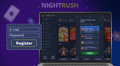 A laptop with registration of Betwarts, registration button next to it on a starry background.