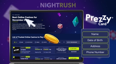 Prezzy Card logo and register button on a laptop with a coin and a cursor on a starry background.