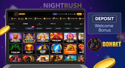 Donbet Casino's games on a laptop with its logo, two chips, and a deposit button.