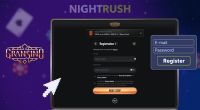 A laptop shows the Gransino's registration page with a register now button, cursor and brand logo.