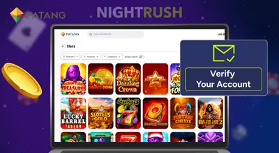 Patang on a laptop with a golden coin, a verify button, and a Patang logo on a blue background.