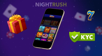 A phone shows Bet Buffoon games with a KYC and a seven and a gift box against a starry background.