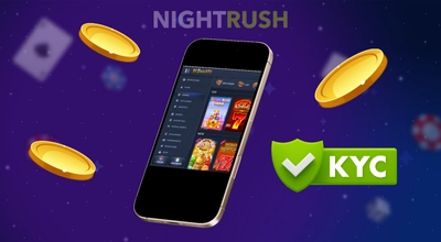 A phone with Betwarts' games and three coins, and KYC button on a starry background.