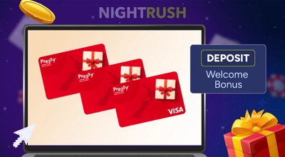 Prezzy Card cards and deposit bonus button on a laptop with casino items on a starry background.