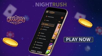 A phone shows Gransino's games with a play now button, two golden chips and a brand logo.