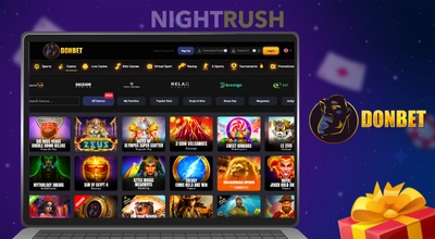 Donbet Casino's games on a laptop with its logo and a gift box.