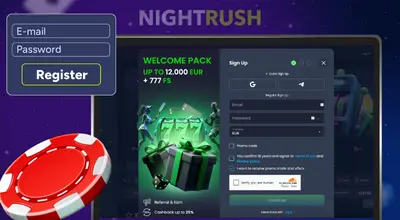 A laptop displays a Welcome Pack offer of up to 12,000 EUR alongside a registration form.