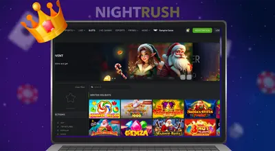 Laptop screen showing winter-themed slot games next to a golden crown.
