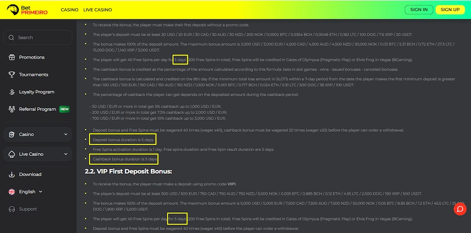 Betprimeiro bonus expiration terms.