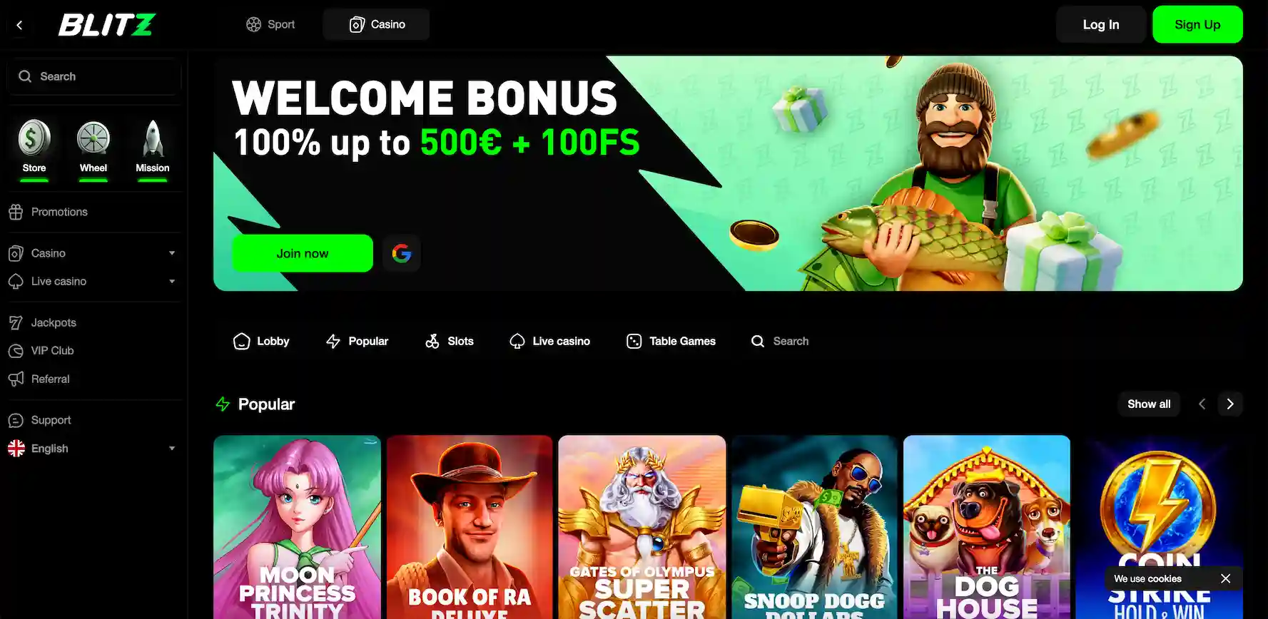 Blitz.bet Casino homepage.